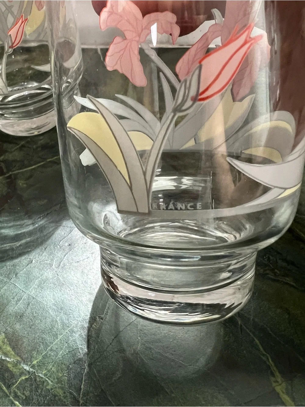 Vintage Diana iris glasses  Set~4 drinkware   1970s pink floral glass tumblers